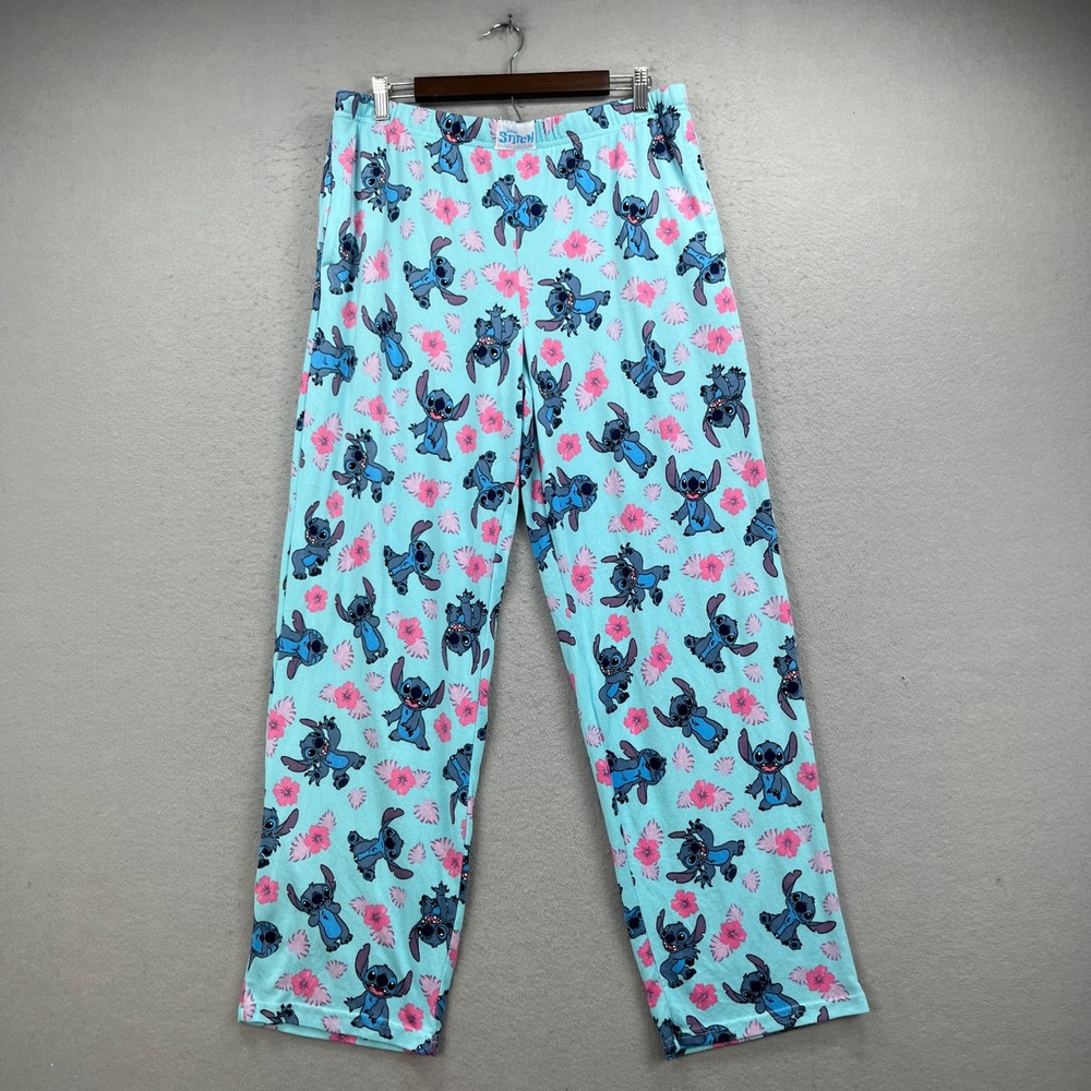 Stitch Disney Pajama Pants Girls L 12-14 Blue Floral Sleep Bottoms Loungewear